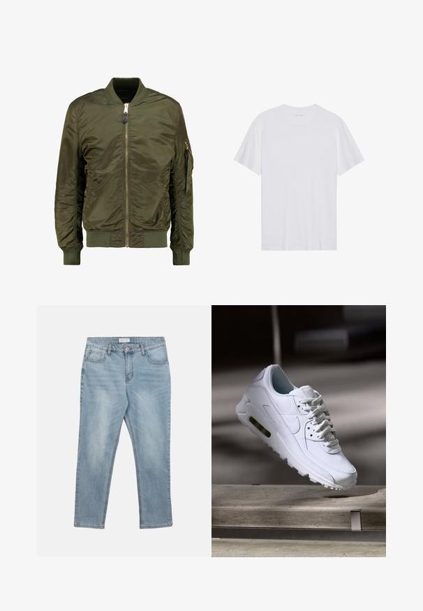 Olivenfarvet bomberjakke, polyester materiale, lynlåslukning foran, ribbede manchetter og kant, sidelommer og en lomme med lynlås på ærmet.; Hvid bomulds T-shirt med korte ærmer, rund hals og en glat tekstur. Har minimal branding på halsudskæringen.; Lyseblå denimjeans med frontknap og lynlås, bæltestropper og fem lommer, lagt fladt på en hvid baggrund.; Hvide lædersneakers med teksturerede overflader, polstret krave og synlig luftpolstring i sålen. Har snørrebånd og et minimalistisk design.
