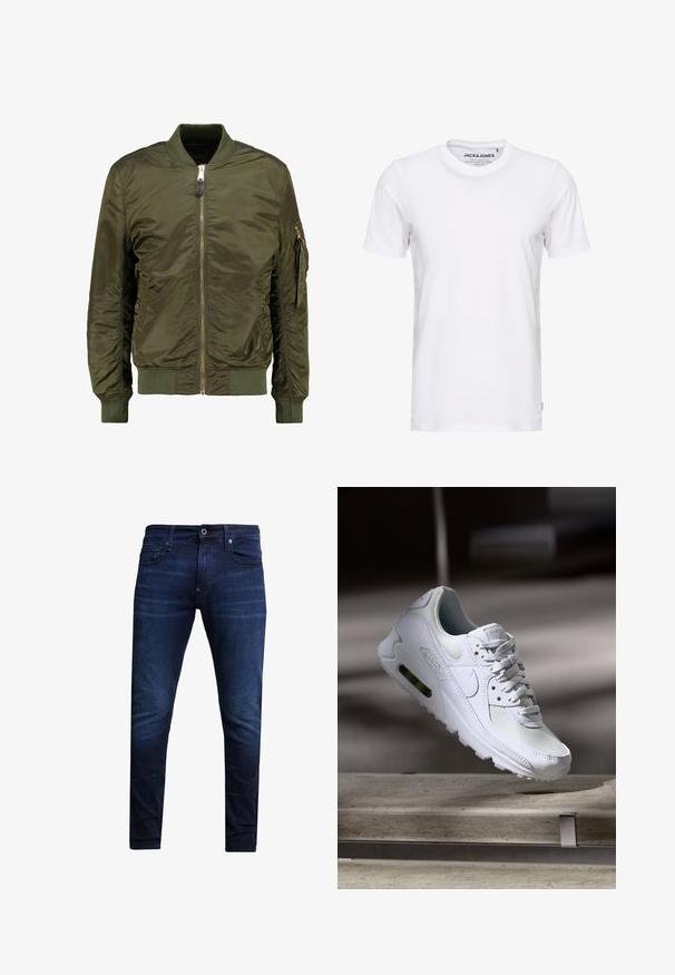 Chaqueta bomber verde oliva, material de poliéster, cierre frontal con cremallera, puños y bajo acanalados, bolsillos laterales y un bolsillo con cremallera en la manga.; Camiseta de manga corta blanca, hecha de algodón, con cuello redondo y un diseño sencillo. Etiqueta de la marca visible en la zona del cuello. Sin patrones ni detalles.; Jeans de mezclilla ajustados en azul oscuro con cierre frontal de botón y cremallera, bolsillos delanteros y traseros, y detalles de desvanecimiento sutil.; Zapatilla Nike Air Max 90 blanca con parte superior de malla y cuero, caja de puntera perforada y unidad de aire visible en el talón.