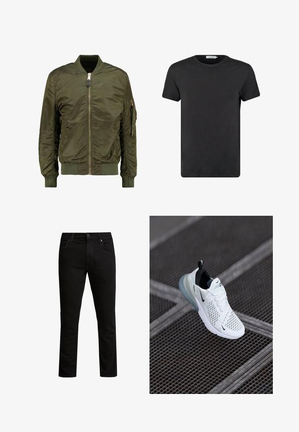 Chaqueta bomber verde oliva, material de poliéster, cierre frontal con cremallera, puños y bajo acanalados, bolsillos laterales y un bolsillo con cremallera en la manga.; Camiseta de algodón negra con cuello redondo y mangas cortas. La tela tiene una textura suave y no presenta patrones ni adornos. Corte regular.; Pantalones vaqueros de mezclilla negra con un diseño de pierna recta, estilo clásico de cinco bolsillos, cierre de botón y cremallera, y detalles de costura sutiles.; Zapatilla deportiva blanca con parte superior de malla perforada, acentos negros, cordones visibles y una suela de amortiguación de aire translúcida.