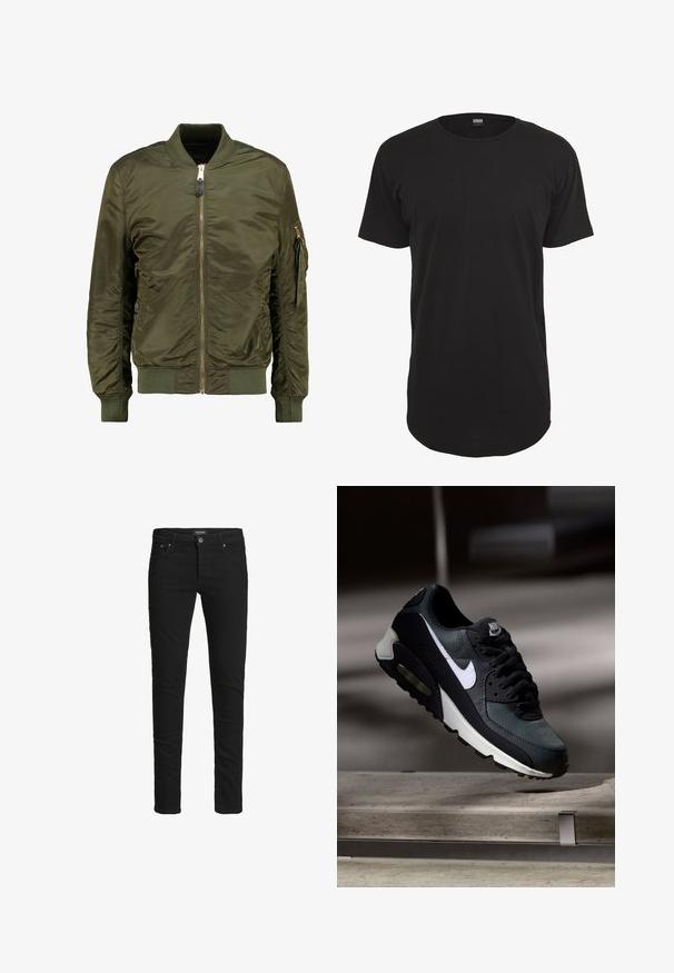 Olivenfarvet bomberjakke, polyester materiale, lynlåslukning foran, ribbede manchetter og kant, sidelommer og en lomme med lynlås på ærmet.; Sort kortærmet t-shirt lavet af bomuld. Har en rund hals og en lige pasform med en lidt længere bagkant. Blød tekstur.; Slim-fit sorte jeans med fem lommer, knaplukning og bæltestropper, mærket Jack & Jones.; Sort og grå Nike Air Max sneaker med hvid swoosh, ophængt over en betongulv mod en sløret mørk baggrund.