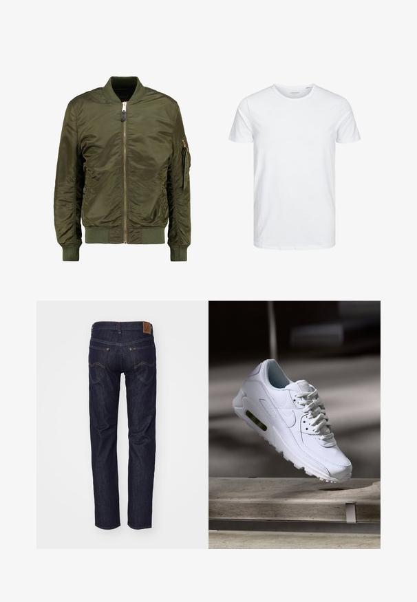 Olivovo zelená bomber bunda, polyesterový materiál, predný zips, rebrové manžety a lem, bočné vrecká a vrecko so zipsom na rukáve.; Tričko s okrúhlym výstrihom a krátkym rukávom v čistej bielej farbe, vyrobené z jemnej bavlny, má jednoduchý dizajn bez viditeľných vzorov alebo akcentov.; Tmavomodré denimové rifle zobrazené zo zadu s dvoma zadnými vreckami, kontrastným prešívaním a hnedou koženou nášivkou na páse.; Biele kožené tenisky s textúrovanými povrchmi, polstrovaným golierom a viditeľným vzduchovým odpružením v podrážke. Majú šnúrky a minimalistický dizajn.
