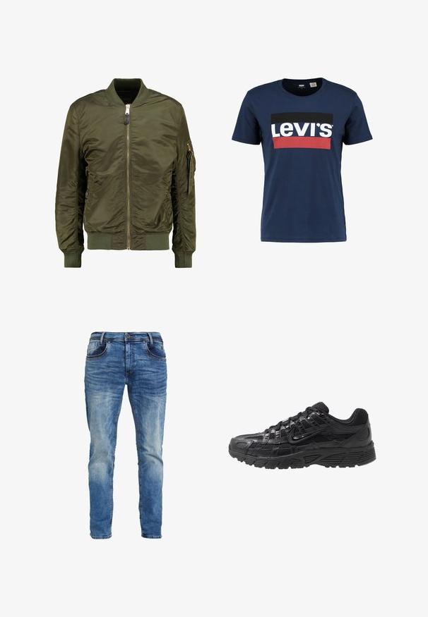 Olivenfarvet bomberjakke, polyester materiale, lynlåslukning foran, ribbede manchetter og kant, sidelommer og en lomme med lynlås på ærmet.; Marineblå bomulds T-shirt med sort og rød grafik med "Levi's" i hvid, rund halsudskæring, korte ærmer og lige kant.; Blå denim jeans med klassisk pasform, fadet vask og fem-lomme design. Knaplukning, bæltestropper og synlige syningsdetaljer.; Sort atletisk sko med en overdel af mesh og syntetisk materiale, tekstureret overflade, snørrebånd og en mønstret gummisål for godt greb.