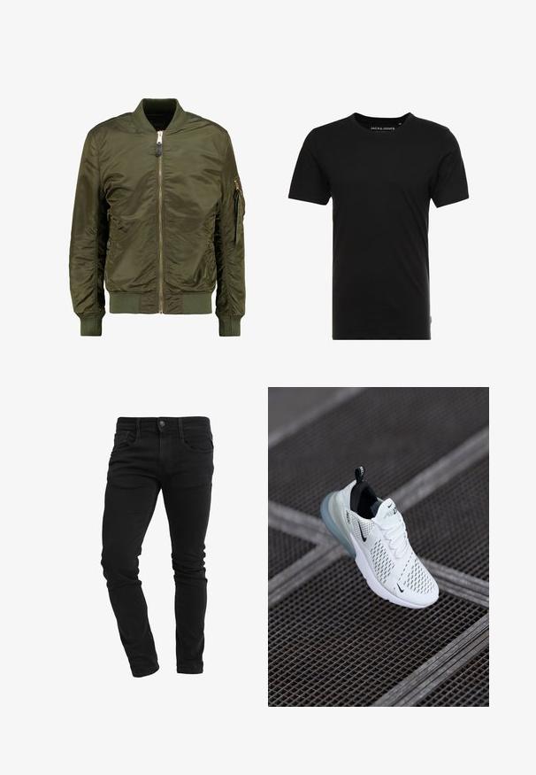 Chaqueta bomber verde oliva, material de poliéster, cierre frontal con cremallera, puños y bajo acanalados, bolsillos laterales y un bolsillo con cremallera en la manga.; Camiseta de manga corta negra hecha de algodón, con cuello redondo y una sutil etiqueta de logo en el costado. Diseño simple y versátil.; Vaqueros ajustados negros con bolsillos frontales, presillas para cinturón, cierre de botón y ligera arruga a lo largo de las piernas.; Zapatilla deportiva blanca con parte superior de malla perforada, acentos negros, cordones visibles y una suela de amortiguación de aire translúcida.