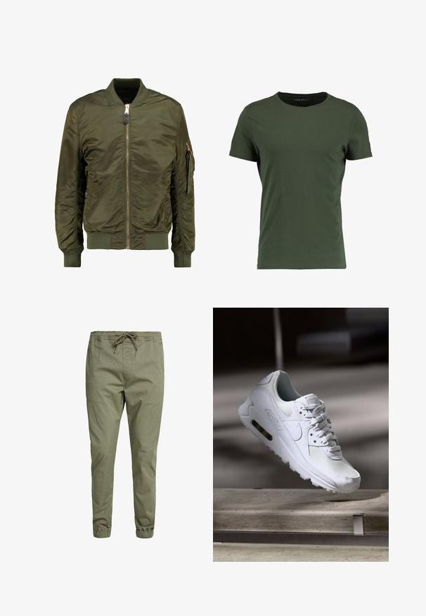 Olivgrüne Bomberjacke aus Polyester, mit Reißverschluss vorne, gerippten Bündchen und Saum, seitlichen Taschen und einer Tasche mit Reißverschluss am Ärmel.; Dunkelgrünes Baumwoll-T-Shirt mit klassischem Rundhalsausschnitt, kurzen Ärmeln und einer glatten Textur. Einfaches, ungeschmücktes Design.; Solid SDTRUC SLIM FIT - Stoffhose - dusty oliv; Weiße Nike Air Max 90 Sneaker mit einem Obermaterial aus Mesh und Leder, durchlässigem Zehenbereich und einer sichtbaren Air-Einheit in der Ferse.