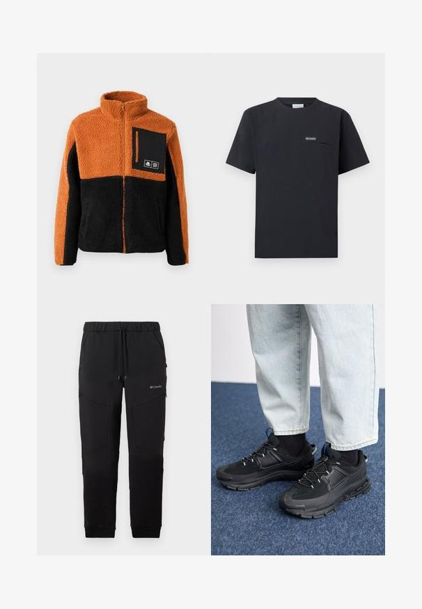 Veste en polaire avec un bloc de couleurs orange et noir, fermeture éclair intégrale, col montant, et une poche poitrine noire avec fermeture éclair et détail de logo.; T-shirt Columbia noir à manches courtes avec poche zippée sur la poitrine et petit écusson logo, présenté sur un fond blanc.; Pantalon de jogging noir de la marque Columbia avec taille à cordon de serrage, poches latérales zippées et détails de panneau au niveau des genoux, présenté sur un fond blanc.; Des chaussures de sport noires avec un tissu texturé et des semelles en caoutchouc, dotées de lacets élastiques et d'un accent bleu au talon. Portées avec un pantalon en denim clair.