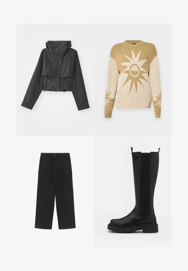 Chaqueta negra corta con capucha, con un patrón geométrico texturizado, mangas largas y bolsillos laterales con cremallera. Fabricada con un material ligero.; Suéter de punto en tonos beige y marrón claro con grandes motivos solares, cuello redondo, puños y dobladillo acanalados. Tejido texturizado y ligero con patrones contrastantes.; Pantalones cargo negros de pierna ancha con cinturilla elástica, cierre de botón y cordón, y bolsillos con solapa en cada muslo.; Bota negra hasta la rodilla con un exterior de cuero suave, paneles laterales elásticos, punta redondeada y una gruesa suela de goma negra.