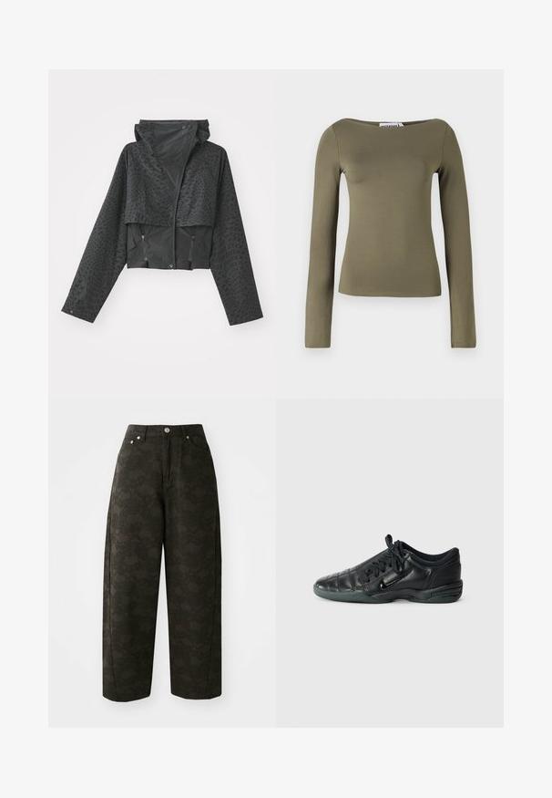 Chaqueta negra corta con capucha, con un patrón geométrico texturizado, mangas largas y bolsillos laterales con cremallera. Fabricada con un material ligero.; Top verde oliva de manga larga con un diseño ajustado, hecho de una tela suave y elástica con un escote ancho y costuras mínimas.; Pantalones de pierna ancha verde oscuro con un patrón floral texturizado, diseño de cinco bolsillos y cierres de botón metálicos en la cintura.; Zapatilla deportiva de cuero negro con un diseño acolchado, punta redondeada, cordones en la parte delantera y suela de goma. Presenta un sutil logotipo en el lateral.