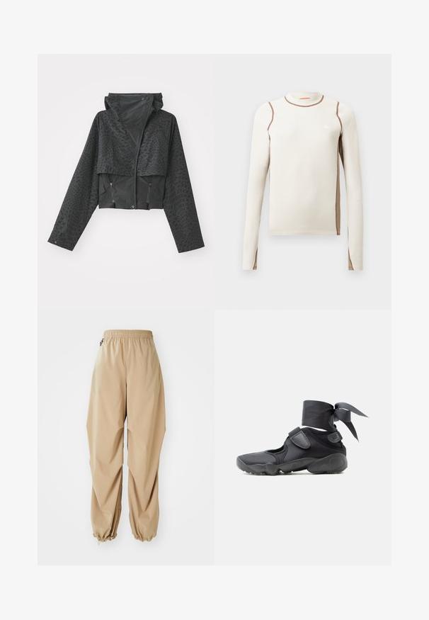 Zwarte cropped jas met een capuchon, voorzien van een gestructureerd geometrisch patroon, lange mouwen en ritszakken aan de zijkant. Gemaakt van lichtgewicht materiaal.; Lange mouw lichte beige top met een aansluitend design, geribbelde textuur, contrasterende bruine stiksels en een klein wit driehoeklogo op de borst.; Beige lichte broek met een elastische tailleband, taps toelopende boorden en een soepele textuur, met een relaxte pasvorm en zonder zichtbare patronen of versieringen.; Zwarte sportieve schoen met uitsparingen, klittenbandsluitingen en een enkellint dat in een strik is vastgemaakt, zijaanzicht op een witte achtergrond.