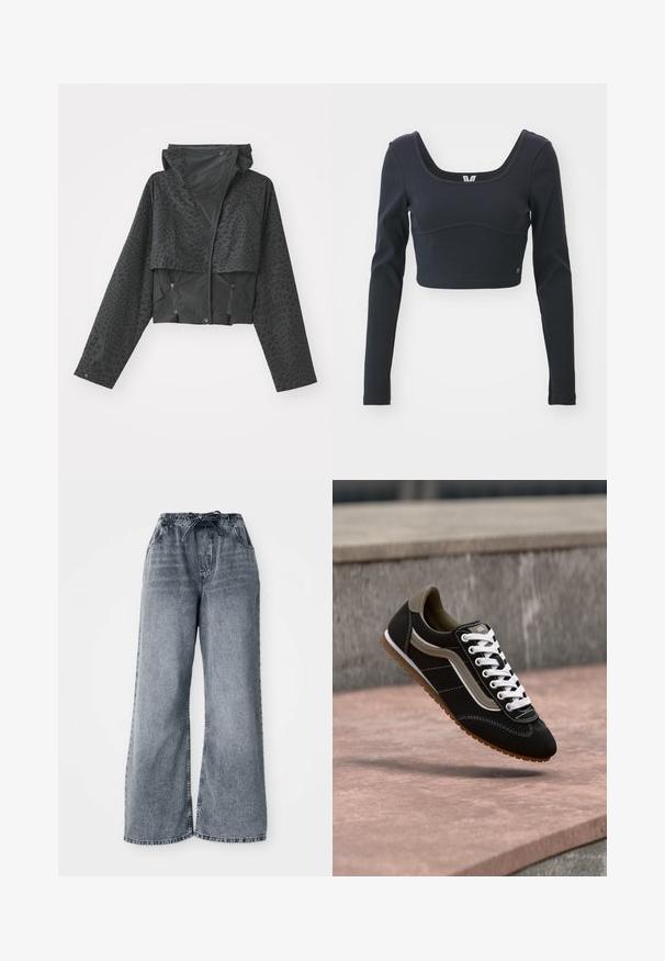 Chaqueta negra corta con capucha, con un patrón geométrico texturizado, mangas largas y bolsillos laterales con cremallera. Fabricada con un material ligero.; Top corto de manga larga negro con textura acanalada, que presenta un amplio escote redondeado y una silueta ajustada, con un sutil acento del logo de la marca.; Pantalones de mezclilla gris de pierna ancha con cintura elástica, cierre de cordón y bolsillos laterales. Textura deslavada en toda la tela.; Zapatilla negra y beige con cordones blancos y suela de goma, flotando sobre una superficie de piedra y un fondo de hormigón gris.