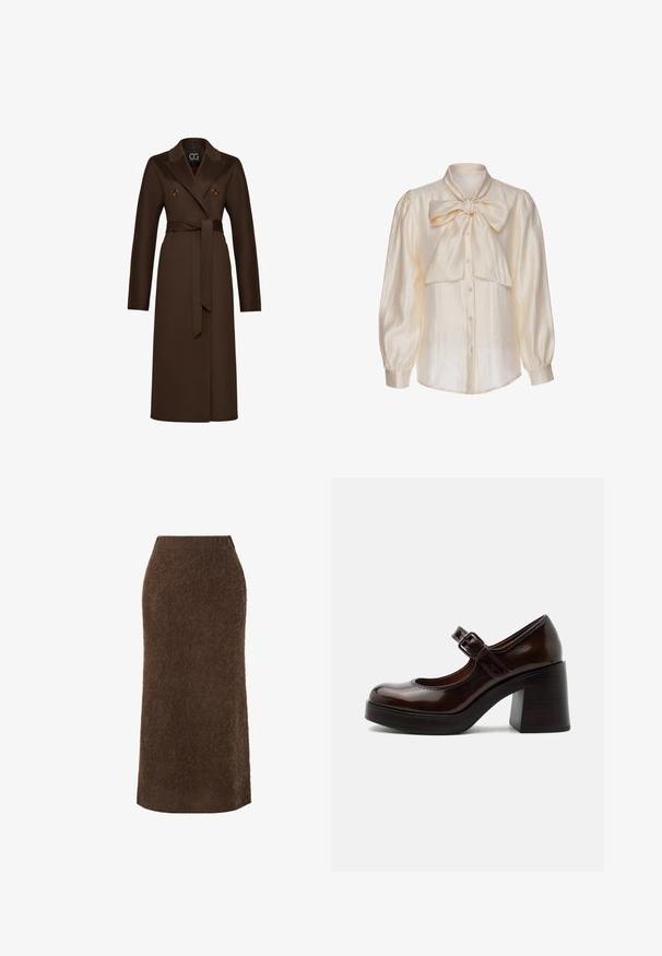 Trench-coat en mélange de laine marron avec un col à revers, des boutons double-breasted et une ceinture à nouer. Manches longues et coupe droite.; Blouse en satin crème avec de longues manches bouffantes, devant à boutons et un grand nœud noué au col.; Jupe crayon longue marron à texture duveteuse, taille haute et ourlet droit sur fond blanc.; Chaussure Mary Jane en cuir verni marron foncé avec un talon haut épais et une bride ajustable à boucle sur fond gris clair.