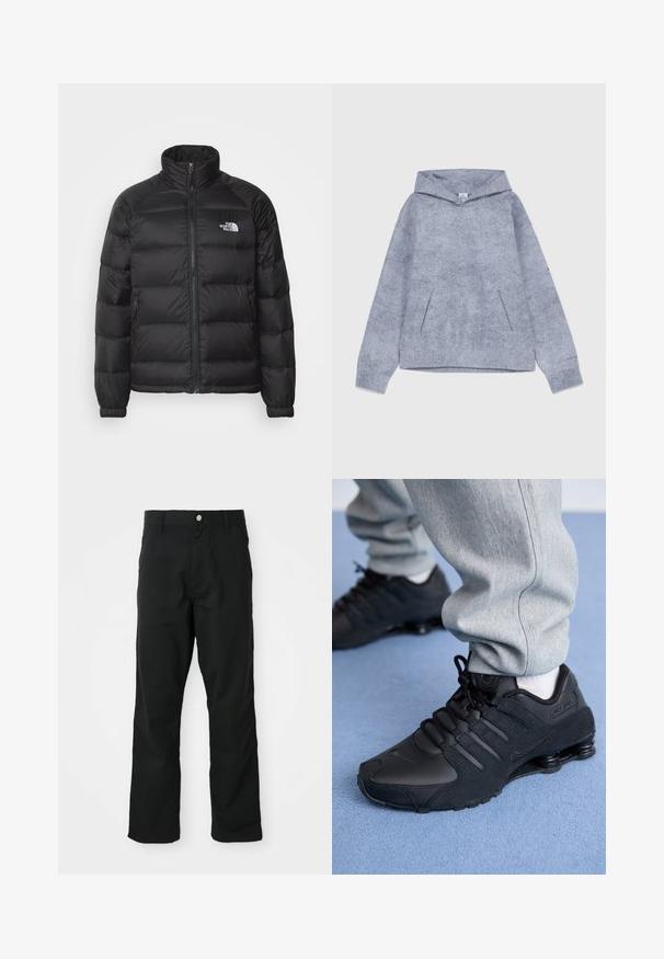 Schwarze Daunenjacke mit hohem Kragen, Reißverschluss, steppgefüttert und seitlichen Taschen. Mit kleinem weißen Logo auf der Brust.; Grauer Kapuzenpullover aus strukturiertem Stoff. Verfügt über eine große Fronttasche und Ärmel mit Bündchen. Minimalistisches Design ohne sichtbare Logos.; Schwarze gerade geschnittene Hosen mit Knopf- und Reißverschluss, Gürtelschlaufen und Seitentaschen, präsentiert vor einem weißen Hintergrund.; Person in schwarzen Nike Shox Sneakers und grauen Jogginghosen, der auf einem hellblauen Teppich steht.