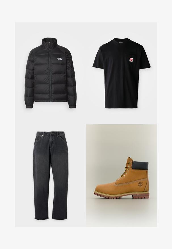 Schwarze Daunenjacke mit hohem Kragen, Reißverschluss, steppgefüttert und seitlichen Taschen. Mit kleinem weißen Logo auf der Brust.; Schwarzes Baumwoll-T-Shirt mit rundem Halsausschnitt, kurzen Ärmeln und einer linken Brusttasche, die mit einem roten Herz-Patch und weißem Text versehen ist.; Schwarze Jeans mit geradem Bein, Fronttaschen, Gürtelschlaufen, Knopf- und Reißverschluss, auf schlichtem hellgrauem Hintergrund dargestellt.; Brauner Leder-Stiefelette mit schwarzem Kragen, gelben Schnürsenkeln und hellbrauner Sohle. Verfügt über ein Logo und weiße Ziernähe. Robuste Profilsohle.