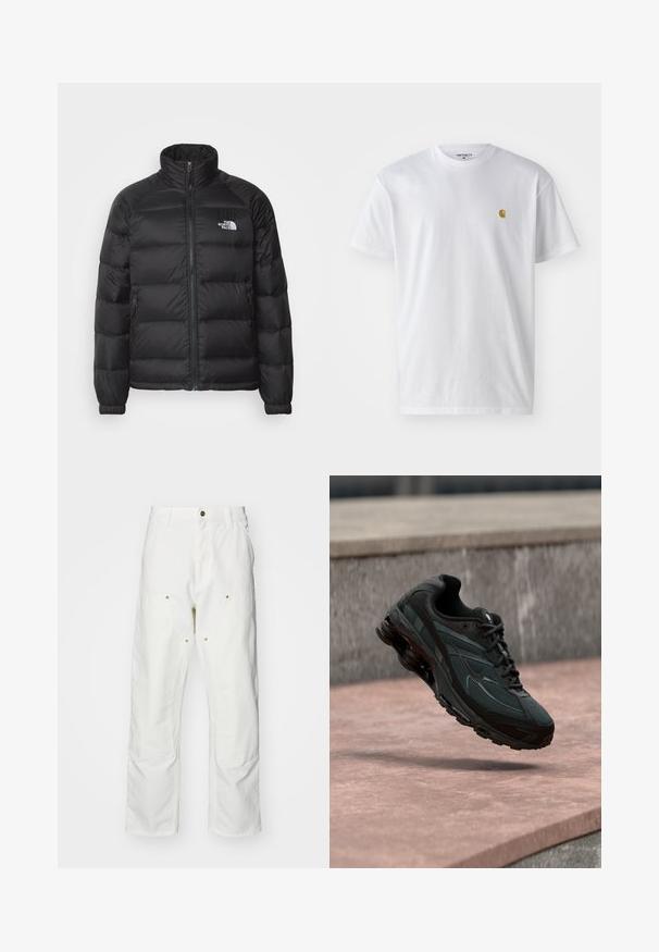 Schwarze Daunenjacke mit hohem Kragen, Reißverschluss, steppgefüttert und seitlichen Taschen. Mit kleinem weißen Logo auf der Brust.; Weißes Baumwoll-T-Shirt mit kurzen Ärmeln, Rundhalsausschnitt, mit einem kleinen goldenen Logo im linken Brustbereich. Weicher Stoff und normale Passform.; Weiße Baumwoll-Cargohose mit lockerer Passform. Zu den Merkmalen gehören Fronttaschen, goldfarbene Hardware-Akzente und verstärkte Kniebereiche.; Schwarzer athletischer Sneaker mit sichtbarer Air-Cushioning-Zwischensohle, der über einer rosa Steinoberfläche mit grauer Steinmauer im Hintergrund schwebt.
