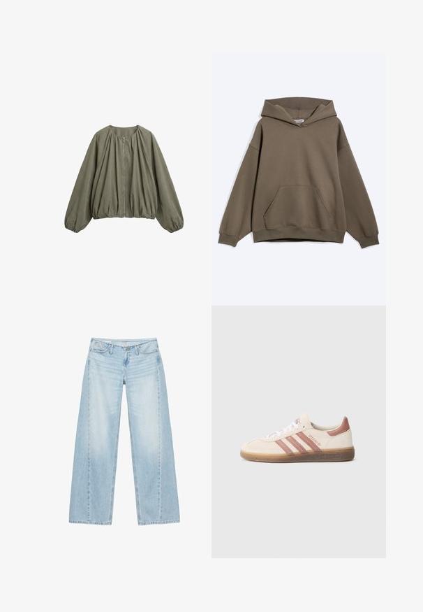 Veste kaki à manches longues avec encolure ronde, fermeture éclair devant, détails froncés et poignets et ourlet élastiqués.; Sweat à capuche marron oversize avec poche kangourou à l'avant et poignets côtelés, présenté sur un fond clair uni.; Jean en denim bleu clair à jambes larges avec poches avant, passants de ceinture et fermeture par bouton.; Baskets en daim beige avec des accents roses, trois bandes roses, des lacets blancs et une semelle en gomme transparente. Marque "Spezial" sur le côté.