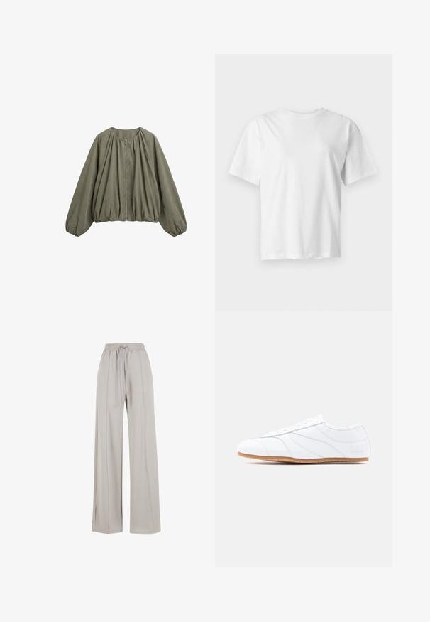 Veste kaki à manches longues avec encolure ronde, fermeture éclair devant, détails froncés et poignets et ourlet élastiqués.; T-shirt blanc uni à manches courtes et col rond, présenté à plat sur un fond gris clair.; Pantalons larges beige clair en tissu doux, avec une taille à cordon de serrage et de subtiles fentes latérales pour un détail de design supplémentaire.; Baskets basses blanches à lacets, tige en cuir lisse, panneaux subtilement cousus et semelle en caoutchouc marron clair.