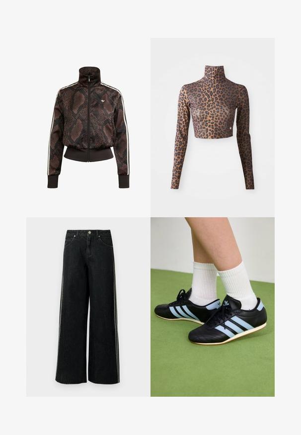 Brown and black snakeskin-patterned track jacket with white stripes on sleeves, front zipper, ribbed cuffs, and small white logo on chest.; Leopard print long-sleeve crop top in brown and black, featuring a high neck and sleek, smooth texture. Subtle logo detail at the hem.; Black wide-leg denim jeans with side stripes, front pockets, belt loops, and a metal button closure at the waist.; Black leather athletic shoes with light blue stripes, textured uppers, and rubber soles, paired with white ribbed socks on green flooring.