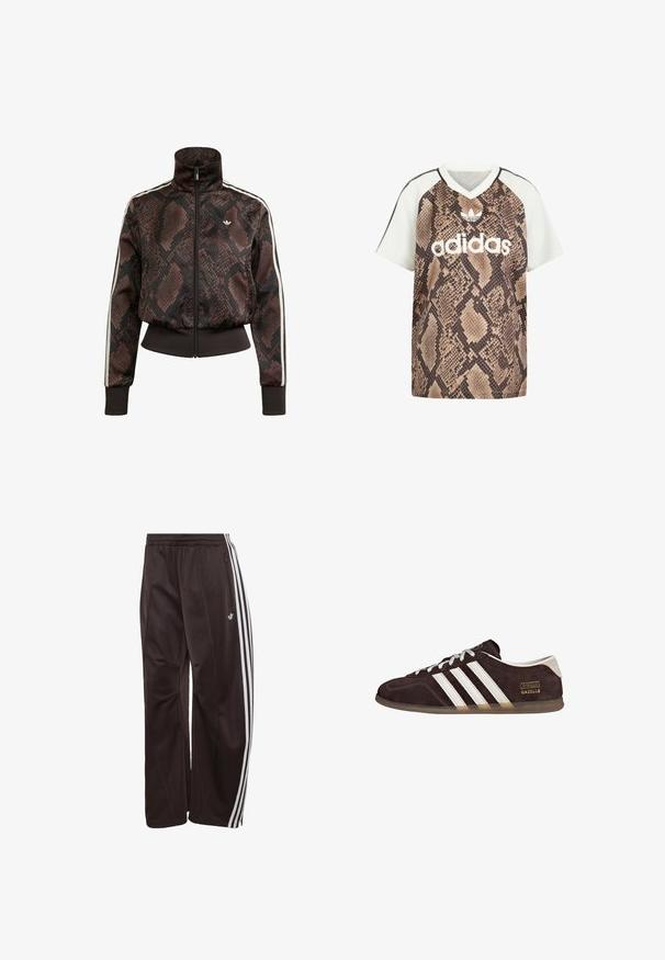 Brown and black snakeskin-patterned track jacket with white stripes on sleeves, front zipper, ribbed cuffs, and small white logo on chest.; Adidas short-sleeve V-neck shirt with white sleeves and brown snake print body, featuring white Adidas logo and trefoil emblem on front.; Black Adidas track pants with white three stripes down the sides, elastic waistband, side zipper pocket, and Adidas logo on the left leg.; Brown suede sneakers with three white stripes, rubber sole, and text label reading "Gazelle" in gold. Lace-up design with gray laces.