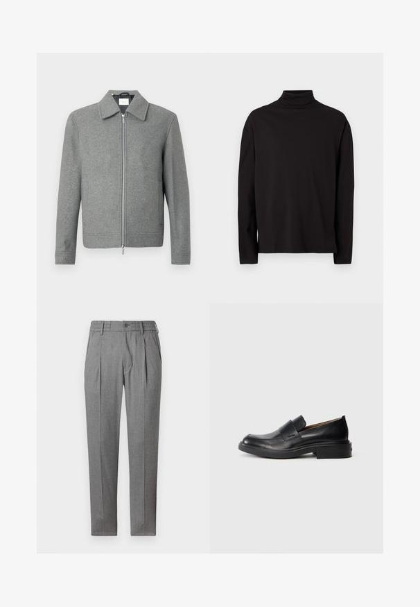 Grå langærmet uldjakke med sølvfarvet lynlås foran og klassisk krave, præsenteret på en hvid baggrund.; Sort turtleneck langærmet top lavet af blød, glat stof med løs pasform og uden synlige mønstre eller detaljer.; Grå plisserede bukser med elastisk talje, lavet af et tekstureret stof. Har en frontknaplukning og tapered ben.; Sorte læder slip-on dress sko med lav hæl og subtil Calvin Klein logo på siden, vist i profil på en hvid baggrund.