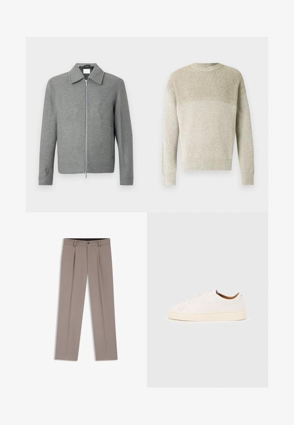 Grå langærmet uldjakke med sølvfarvet lynlås foran og klassisk krave, præsenteret på en hvid baggrund.; Lysebeige strikketrøje med rund hals, der har et tekstureret mønster, ribbede manchetter og kant samt en subtil gradient-effekt.; Lysebrune herrebukser med bæltestropper, plisseringer, knaplukning foran og lynlås, lagt fladt på en hvid baggrund.; Hvid lavtop-sneakers med snørelukning, minimale syningsdetaljer og en cremefarvet sål på en lysegrå baggrund.