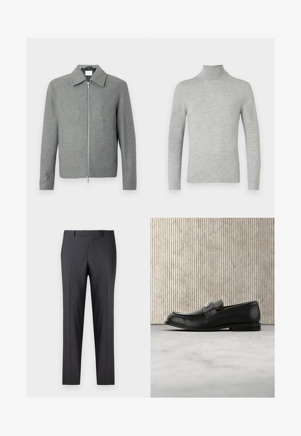 Chaqueta de lana gris de manga larga con cremallera plateada frontal y cuello clásico, exhibida sobre un fondo blanco.; Suéter de cuello alto de manga larga en gris claro con textura de punto fino, exhibido sobre un fondo blanco liso.; Pantalones oscuros grises a medida en una tela suave y texturizada; cuentan con un frente plano y piernas rectas; diseño minimalista sin acentos visibles.; Mocasín de cuero negro con una placa metálica de marca apoyado cerca de una mesa redonda marrón sobre un suelo alfombrado beige.