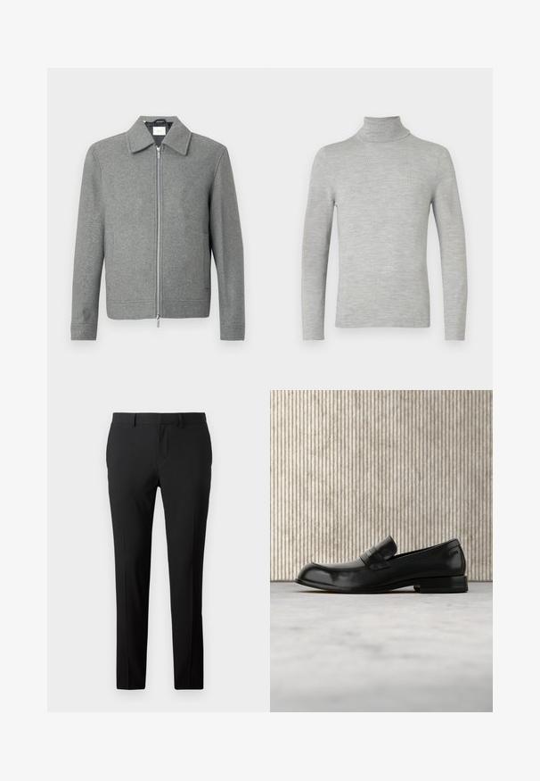 Grå langærmet uldjakke med sølvfarvet lynlås foran og klassisk krave, præsenteret på en hvid baggrund.; Lys grå langærmet turtleneck sweater med fin strik, vist på en neutral hvid baggrund.; Skræddersyede sorte bukser i et glat stof. Har et lige ben-design, frontfald og bæltestropper til justerbar størrelse.; Sort læderloafer med metalaccent, vist svævende over et beige tæppe, med et rundt, ravfarvet bord i baggrunden.