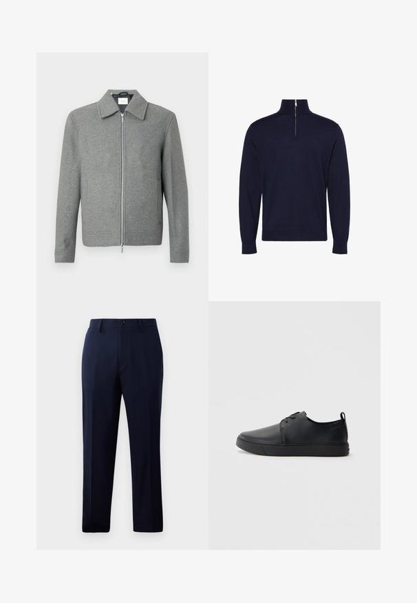 Grå langærmet uldjakke med sølvfarvet lynlås foran og klassisk krave, præsenteret på en hvid baggrund.; Mørkeblå langærmet sweater med høj krave og en halvlukning med lynlås foran i midten, med lille broderet logo på brystet.; Marinebukser lavet af glat stof, der har et klassisk lige ben-design, forlommer og en knaplukning i livet.; Sorte lædersneakers med en glat finish, rund tå, tonalt syning, snøring foran og en flad gummisål. Løkke ved hælen.