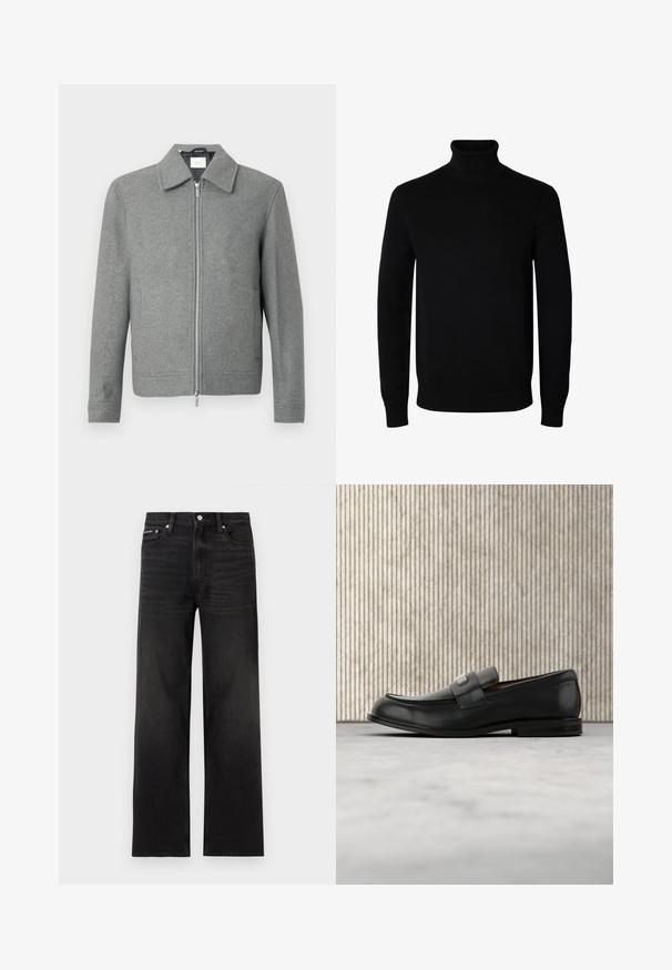 Grå langærmet uldjakke med sølvfarvet lynlås foran og klassisk krave, præsenteret på en hvid baggrund.; Sort langærmet rullekrave sweater med rib manchetter og kant, vist på en ensartet hvid baggrund.; Sorte jeans med lige ben, fem-lomme design, bæltestropper og knaplukning, vist på en hvid baggrund.; Sort læderloafer med metalbrandskilt hvilende nær et brunt rundt bord på beige tæppe.