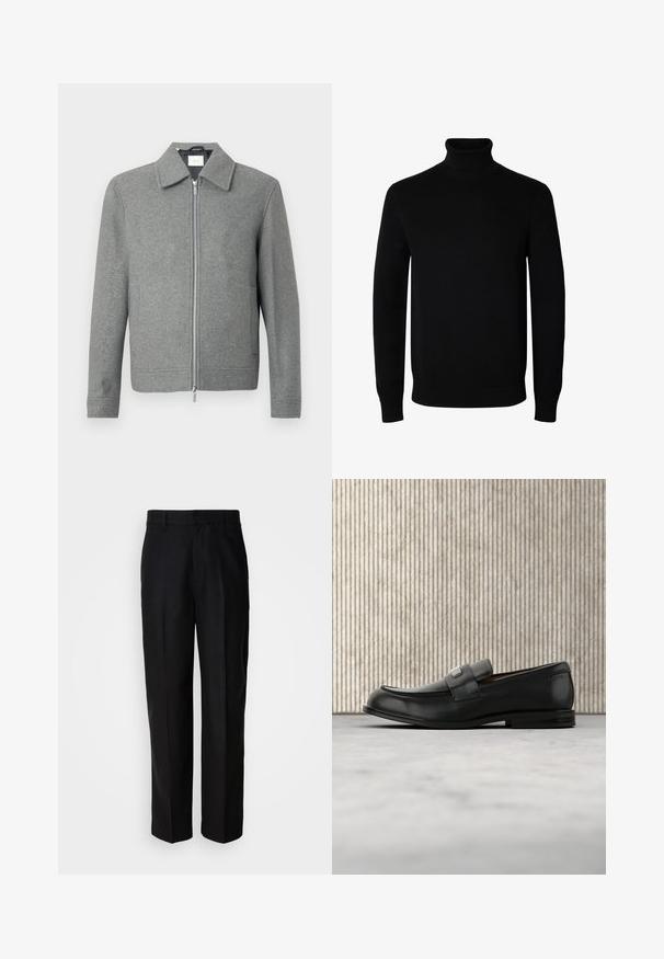 Grå langærmet uldjakke med sølvfarvet lynlås foran og klassisk krave, præsenteret på en hvid baggrund.; Sort langærmet rullekrave sweater med rib manchetter og kant, vist på en ensartet hvid baggrund.; Sorte bukser lavet af glat stof, med lige ben, flad front og bæltestropper, præsenteret mod en ensfarvet baggrund.; Sort læderloafer med metalbrandskilt hvilende nær et brunt rundt bord på beige tæppe.