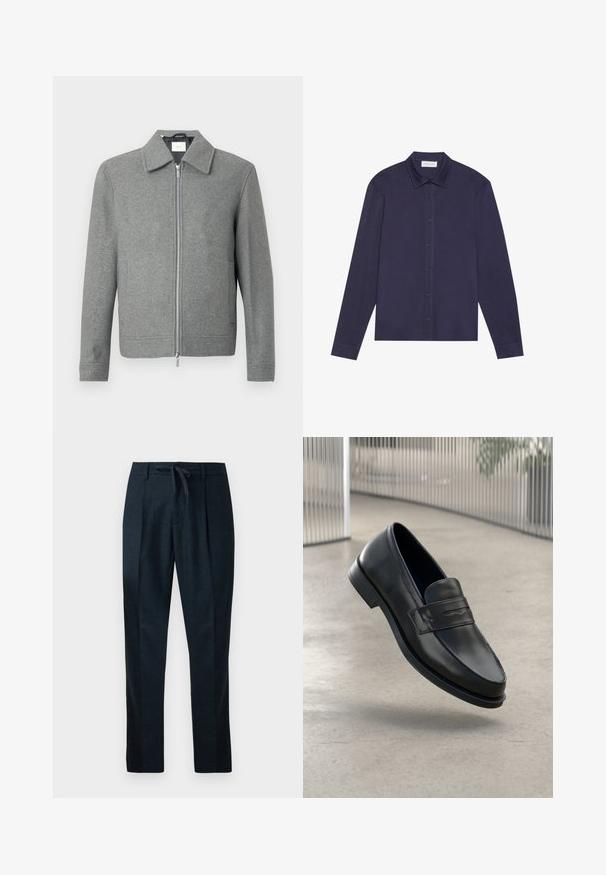 Grijze lange mouw woljas met een zilveren rits aan de voorkant en een klassieke kraag, weergegeven op een witte achtergrond.; Marineblauwe longsleeve shirt van een gladde stof, met een knopenlijst aan de voorkant, een puntige kraag en een iets ontspannen pasvorm.; Marineblauwe broeken van gemêleerde stof, met een elastische tailleband, rechte pijpen en twee plooien aan de voorkant voor een verzorgde uitstraling.; Zwarte leren loafer met een gladde textuur, spitse neus en een decoratieve band over de wreef. Lichtgewicht zool, minimalistisch ontwerp.