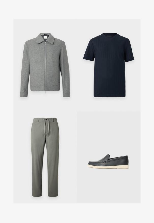 Grå langærmet uldjakke med sølvfarvet lynlås foran og klassisk krave, præsenteret på en hvid baggrund.; Marineblå T-shirt med korte ærmer og rund hals med subtil lodret ribstrikket tekstur på en ensfarvet baggrund.; Herre bukser med lige ben i olivengrøn med snøre i taljen og bæltestropper, vist på ensfarvet baggrund.; Sort læder slip-on loafer med beige sål, placeret i luften nær et metaltrådstativ til magasiner på en terrazzo-gulv.