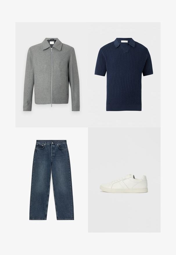 Chaqueta de lana gris de manga larga con cremallera plateada frontal y cuello clásico, exhibida sobre un fondo blanco.; Polo de punto azul marino de manga corta con patrón de trenzas y cuello en V sobre un fondo gris claro.; Vaqueros de denim azul oscuro de pierna recta con cinco bolsillos y cierre de botón, extendidos sobre un fondo blanco.; Zapatilla baja blanca de cuero con cierre de cordones y suela de goma plana, vista desde el lado interno sobre un fondo liso.