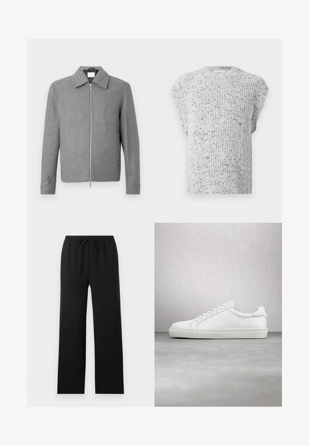 Chaqueta de lana gris de manga larga con cremallera plateada frontal y cuello clásico, exhibida sobre un fondo blanco.; Chaleco de punto sin mangas en gris claro con motas negras, con un cuello redondo acanalado y dobladillo.; Pantalones negros de corte holgado con cintura elástica y cordón frontal, piernas rectas, diseño sencillo, mostrados sobre un fondo neutro.; Zapatilla blanca con parte superior de cuero liso y perfil bajo. Presenta una puntera redondeada, seis ojales y una suela de goma texturizada.