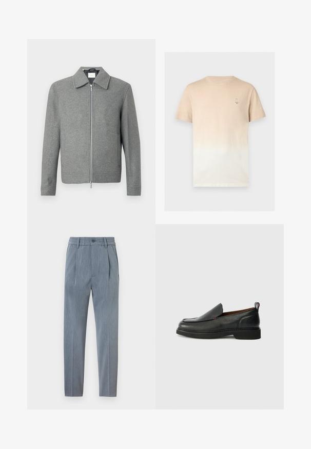 Chaqueta de lana gris de manga larga con cremallera plateada frontal y cuello clásico, exhibida sobre un fondo blanco.; Camiseta de manga corta con degradado de beige a blanco, cuello redondo y pequeño logotipo rectangular en el pecho izquierdo.; Pantalones grises claros a medida con pliegues delanteros, bolsillos laterales, trabillas para cinturón y cierre con botón en la cintura.; Zapato negro de cuero tipo mocasín con punta redondeada, parte superior texturizada, costuras rojas en contraste y un tacón bajo. Cuenta con una tira de agarre en la parte posterior.