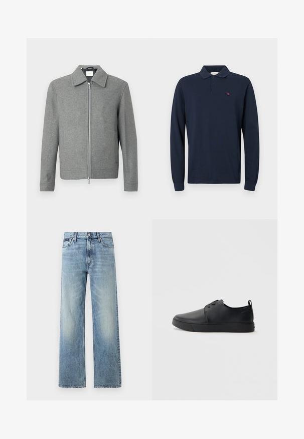 Chaqueta de lana gris de manga larga con cremallera plateada frontal y cuello clásico, exhibida sobre un fondo blanco.; Polo de manga larga azul marino con cuello, tapeta de dos botones y un pequeño logo rojo de CK en el lado izquierdo del pecho. Tejido de algodón.; Vaqueros de mezclilla azul claro de corte recto con cintura alta, cinco bolsillos, cierre de botón y sutil desgaste en los muslos y las rodillas.; Zapatilla negra de cuero con acabado suave, punta redondeada, costuras a tono, cordones en la parte delantera y suela de goma plana. Asa en el talón.