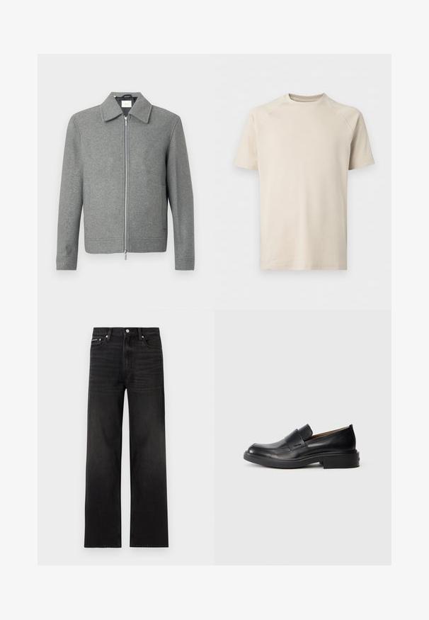 Grå langærmet uldjakke med sølvfarvet lynlås foran og klassisk krave, præsenteret på en hvid baggrund.; Beige kortærmet t-shirt med rund hals og raglanærmer, ensfarvet og lavet af glat stof.; Sorte jeans med lige ben, fem-lomme design, bæltestropper og knaplukning, vist på en hvid baggrund.; Sorte læder slip-on dress sko med lav hæl og subtil Calvin Klein logo på siden, vist i profil på en hvid baggrund.