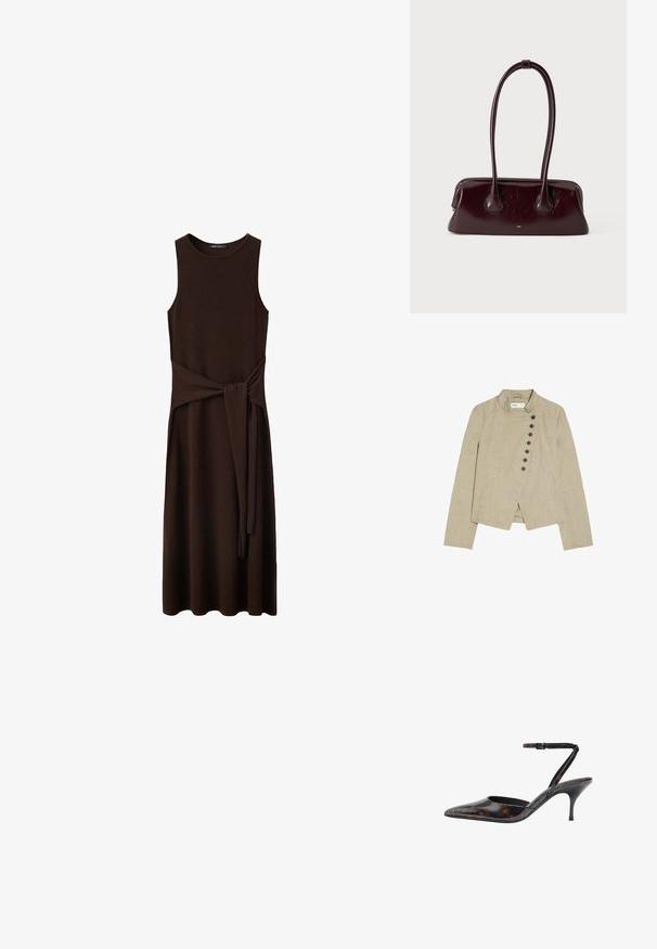 Veste beige pour femme avec un col haut et une fermeture asymétrique à boutons sur le devant, comportant six boutons noirs et des poches latérales.; Robe midi marron foncé sans manches avec encolure ronde et ceinture en tissu attachée à la taille, présentée sur fond blanc.; Escarpin slingback marron écaille à bout pointu avec fine bride à la cheville et talon kitten.; Sac à main en cuir brun foncé brillant avec de longues anses fines et une base rectangulaire structurée sur un fond clair uni.