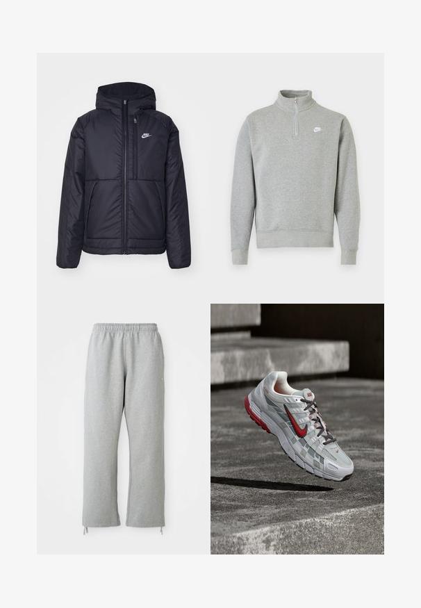 Čierna, polstrovaná bunda Nike so zipsom vpredu a kapucňou. Na ľavej strane hrude sa nachádza biele logo a sú tu dva predné vrecká. Hladký vonkajší povrch.; Šedá mikina so štvrťzipom, dlhými rukávmi, rebrovanými manžetami a lemom. Na hrudi sa nachádza malá biela značka Nike.; Sivé tepláky s elastickým pásom, rovným strihom a šnúrkami na leme. Vyrobené z mäkkej, textúrovanej látky.; Bielo-sivá bežecká topánka Nike s červenými detailmi a čiernymi šnúrkami, visiaca nad sivými betónovými schodmi.