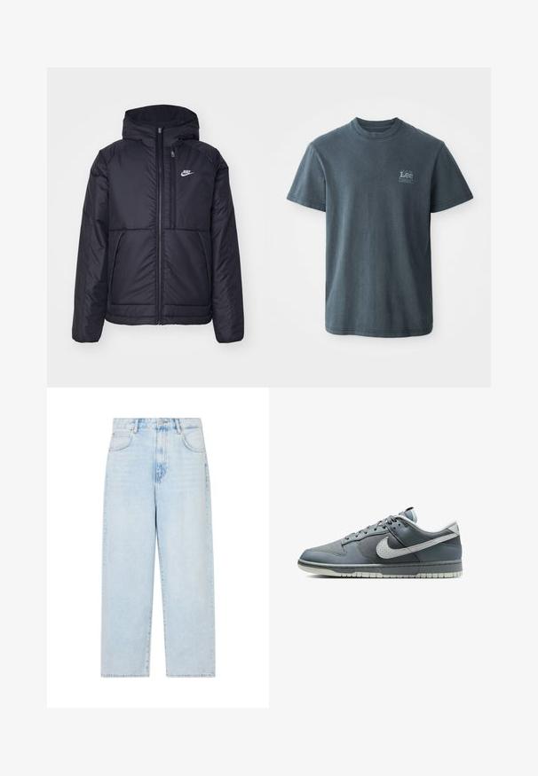 Musta, pehmustettu Nike-takki, jossa on etuvetoketju ja huppu. Vasemmassa rinnassa on valkoinen logo ja takissa on kaksinkertaiset etutaskut. Pintakoe on sileä.; T-paita tummanharmaata puuvillaa, jossa on pyöreä pääntie, lyhyet hihat ja pieni painettu logo vasemmalla puolella. Klassinen malli suoran helman kanssa.; Vaaleansininen farkkumaalaisetyyli, laaja lahje ja korkea vyötärö, viisi taskua ja nappikiinnitys. Sileä pinta ja haalistunut pesu.; Harmaa Nike-matalavartinen lenkkari, jossa on valkoinen swoosh-logo, nauhoitussuunnittelu ja vaaleanharmaa pohja, esitetty sivulta valkoisella taustalla.