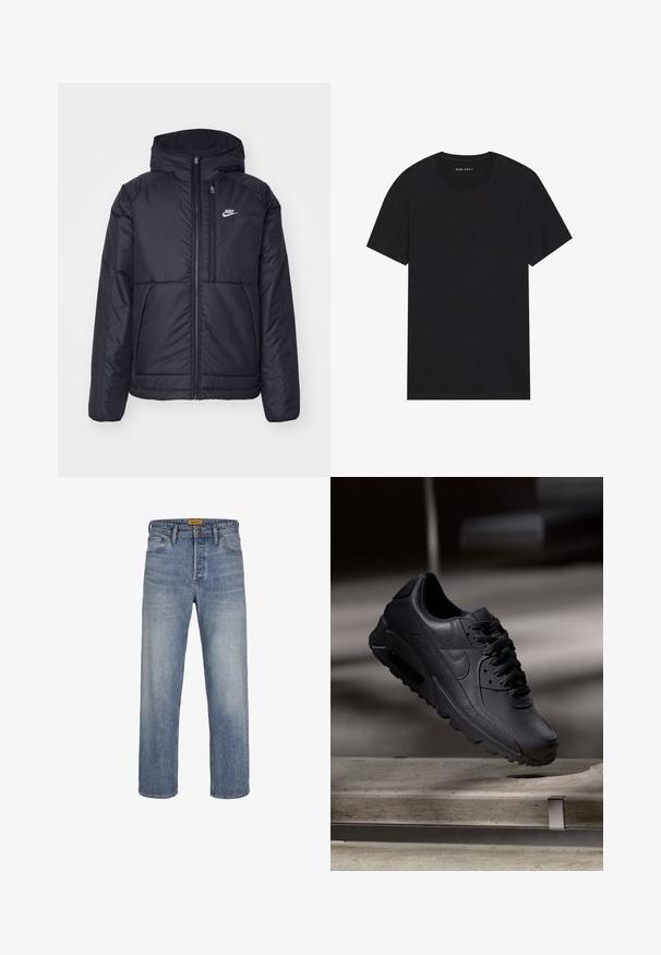 Musta, pehmustettu Nike-takki, jossa on etuvetoketju ja huppu. Vasemmassa rinnassa on valkoinen logo ja takissa on kaksinkertaiset etutaskut. Pintakoe on sileä.; Musta puuvillapaita lyhyillä hihoilla ja pyöreällä kaula-aukolla. Kankaan pinta on sileä ja sen muotoilu on yksinkertainen ja yksivärinen.; Vaaleansinisiä suoria farkkuja, jotka on valmistettu denimistä. Ne ovat kuluneet, niissä on viisi taskua, vyölenkit, sekä vetoketjukiinnitys nappisuljennalla.; Mustat Nike Air Max -lenkkarit, joissa on teksturoidusta nahasta valmistettu päällinen, kumipohja ja näyttävä nauhoitusjärjestelmä, joka korostaa tyylikästä ja modernia muotoilua.