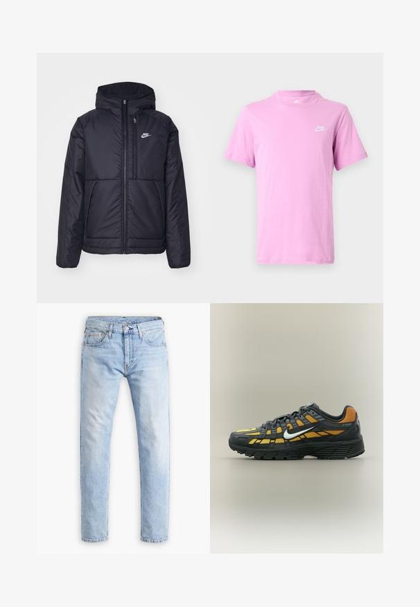 Musta, pehmustettu Nike-takki, jossa on etuvetoketju ja huppu. Vasemmassa rinnassa on valkoinen logo ja takissa on kaksinkertaiset etutaskut. Pintakoe on sileä.; Vaaleanvioletti Nike-paita lyhyillä hihoilla ja pyöreällä pääntiellä, jossa vasemman rinnan kohdalla pieni valkoinen Nike-logo valkoista taustaa vasten.; Vaaleansiniset farkut suoralinjaisella leikkauksella, joissa on viisi taskua ja oranssit tikit. Mallissa on nappi- ja vetoketjukiinnitys.; Musta-keltainen Nike P-6000 -lenkkikenkä, jossa valkoinen swoosh-logo, musta pohja ja verkkomainen päällinen, esitetty sivuprofiilissa yksinkertaisella taustalla.