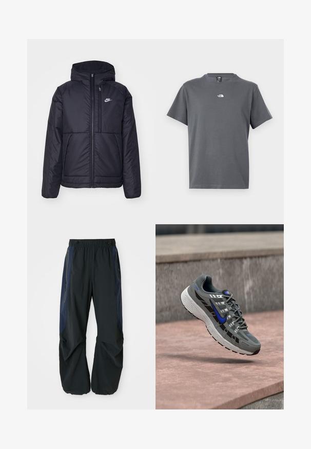 Musta, pehmustettu Nike-takki, jossa on etuvetoketju ja huppu. Vasemmassa rinnassa on valkoinen logo ja takissa on kaksinkertaiset etutaskut. Pintakoe on sileä.; Harmaa lyhythihainen pikeepaita, jossa on pieni valkoinen The North Face -logo keskellä rintaa.; Mustat ulkoiluhousut, joissa on rento malli, joustava vyötärö, tummansiniset sivupaneelit ja vetoketjulliset taskut molemmilla puolilla.; Harmaa ja musta Nike-juoksukenkä sinisellä swoosh-logolla ja valkoisella pohjalla leijuu kiven päällä.