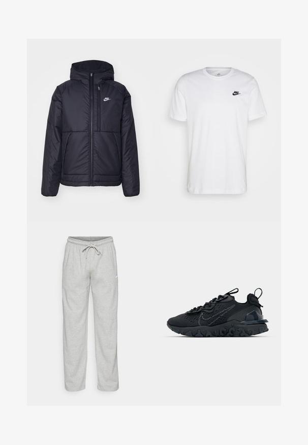 Must musta Nike jope, millel on ees lukuga avamine ja kapuuts. Vasakpoolne rind on kaunistatud valge logoga ning ees on kaks taskut. Sile välimine tekstuur.; Valge puuvillane T-särk, millel on ringkaelus, lühikesed varrukad ja must Nike logo vasakul rinnal. Lihtne, ühtlane värvi disain.; Heledad hallhallid, mis on valmistatud pehmest kangast. Omab elastset vöökohta, millel on nöör ja must Nike logo vasakul reitel.; Must mustreesne tossudega, millel on hingav võrkmaterjalist pealis, tekstureeritud detailid ja laineline kummist tallaosa. Omab peegelduvat logo ja sidumise süsteemi.