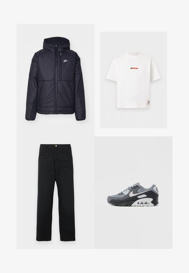 Musta, pehmustettu Nike-takki, jossa on etuvetoketju ja huppu. Vasemmassa rinnassa on valkoinen logo ja takissa on kaksinkertaiset etutaskut. Pintakoe on sileä.; Valkoinen Nike lyhythihainen T-paita, jossa pieni musta ja punainen "Fussball" logo rinnassa ja suorakaiteen muotoinen etiketti lähellä alareunaa.; Musta farkkuhousut suoralla lahjemallilla, joissa on etuosan nappikiinnitys, kaksi sivutaskua ja hienovarainen tekstuuri.; Harmaa lenkkitossu, jossa yhdistelmä verkkokangasta ja mokkanahkaa, musta pohja ja näkyvä ilmayksikkö. Huomattavat vaaleanharmaat yksityiskohdat ja nauhat.