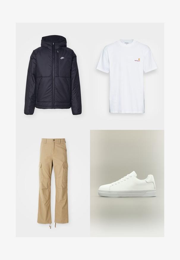 Musta, pehmustettu Nike-takki, jossa on etuvetoketju ja huppu. Vasemmassa rinnassa on valkoinen logo ja takissa on kaksinkertaiset etutaskut. Pintakoe on sileä.; Valkoinen puuvillainen t-paita lyhyillä hihoilla. Varustettu pienellä oranssilla ja maroonilla logolla vasemmassa rinnassa. Ominaisuuksiin kuuluu klassinen pyöreä kaula-aukko.; Kaki cargo-housut, jotka on valmistettu kestävästä kankaasta, joissa on useita sivutaskuja, suorat lahkeet ja säädettävät nyörit lahkeensuissa.; Valkoinen matalakärkinen lenkkikenkä, jossa on nyöritys edessä, pehmustettu kaulus ja kuvioitu kumipohja, esitetty sivuprofiilista neutraalilla taustalla.