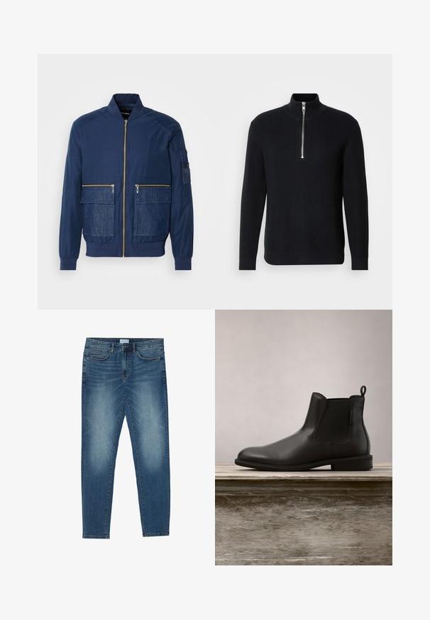 Ναυτικό bomber jacket με φερμουάρ μπροστά, denim λεπτομέρειες σε δύο μπροστινές τσέπες και mesh τσέπη στο αριστερό μανίκι. Υφή υφάσματος.; Μαύρο πλεκτό πουλόβερ με ραβδωτό σχέδιο, ψηλό γιακά και κοντό φερμουάρ. Διαθέτει μακριά μανίκια και ευθύ τελείωμα με ραβδωτές μανσέτες.; Τζιν παντελόνι σε μέτριο μπλε χρώμα με ξεθωριασμένο φινίρισμα, σχέδιο πέντε τσέπης, ίσια γραμμή και ραμμένα στοιχεία. Κουμπί και φερμουάρ για κλείσιμο.; Μαύρη δερμάτινη μπότες μέχρι τον αστράγαλο με λεία υφή, στρογγυλή μύτη, ελαστικά πλαϊνά πάνελ και χειρολαβή, τοποθετημένες σε ξύλινη επιφάνεια.