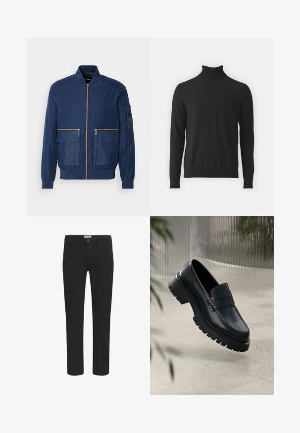 Veste bomber marine avec fermeture éclair à l'avant, accents en denim sur deux poches avant et une poche en maille sur la manche gauche. Tissu texturé.; Pull en col roulé noir en tissu doux, doté de manches longues et d'un col côtelé, avec une texture lisse et une coupe ajustée.; Jeans en denim noir avec une coupe droite, un design à cinq poches et une fermeture à bouton à l'avant. Texture lisse avec des détails de couture subtils.; Mocassins en cuir noir avec une semelle à crampons épaisse, dotés d'une sangle décorative et de détails de couture. Texture lisse avec une finition polie.