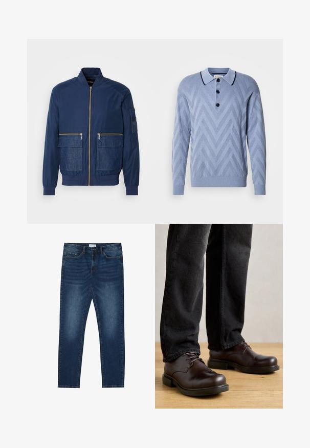 Veste bomber marine avec fermeture éclair à l'avant, accents en denim sur deux poches avant et une poche en maille sur la manche gauche. Tissu texturé.; Polo tricoté bleu clair avec un motif en chevron, trois boutons noirs et un col marine contrastant. Manches longues et poignets côtelés.; Jean slim-fit bleu foncé avec des détails délavés, design classique à cinq poches, fermeture à bouton et passants de ceinture.; Chaussures en cuir marron avec un bout rond, design à lacets et semelle en caoutchouc noire épaisse, associées à un pantalon en denim foncé.