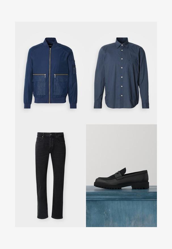 Veste bomber marine avec fermeture éclair à l'avant, accents en denim sur deux poches avant et une poche en maille sur la manche gauche. Tissu texturé.; Chemise bleu marine à manches longues, à motif à petits carreaux, avec une poche poitrine unique et des boutons blancs sur fond uni.; Jean noir à coupe droite avec poches avant, passants pour ceinture, fermeture par bouton et coutures visibles sur un fond blanc uni.; Chaussure noire en cuir sans lacets avec un accent en tissu texturé, une semelle en caoutchouc robuste et une finition lisse. Présente un détail de couture subtil.