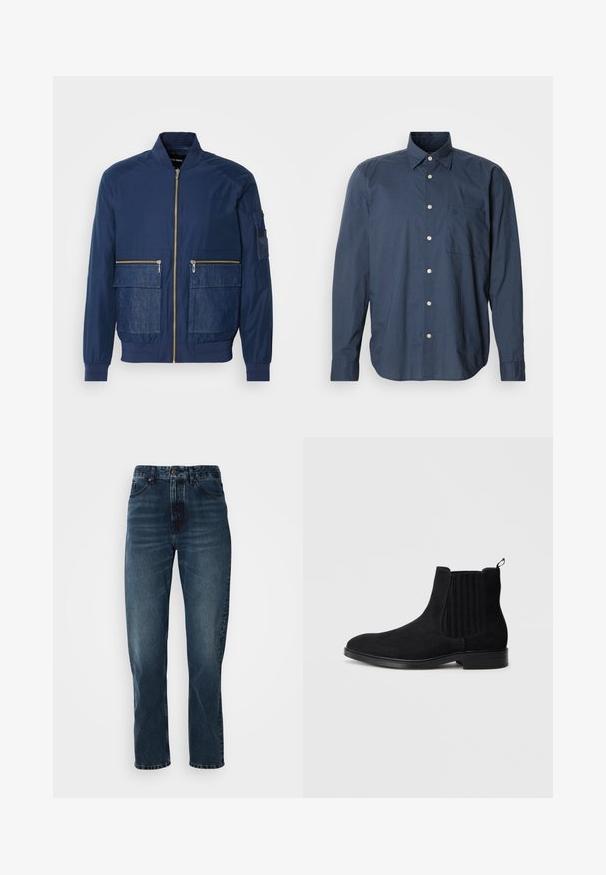 Veste bomber marine avec fermeture éclair à l'avant, accents en denim sur deux poches avant et une poche en maille sur la manche gauche. Tissu texturé.; Chemise bleu marine à manches longues, à motif à petits carreaux, avec une poche poitrine unique et des boutons blancs sur fond uni.; Jeans droits bleu foncé avec fermeture à bouton et zip à l'avant, design à cinq poches, et subtile décoloration sur les cuisses et les genoux.; Bottine Chelsea en suède noir avec panneaux latéraux élastiques, bout arrondi, texture subtile et tirant à l'arrière. Semelle plate en caoutchouc.
