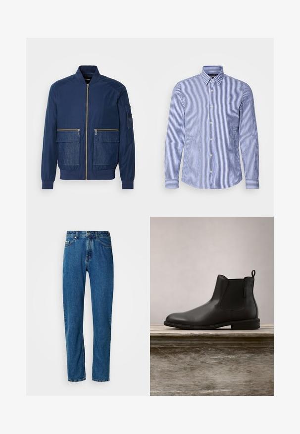 Marine bomberjack met een rits aan de voorkant, denim accenten op twee voorzakken en een gaaszak op de linkermouw. Textuurstof.; Blauw-witte gestreepte langemouwen overhemd met knopen, gemaakt van geweven katoen, met een klassieke kraag en een ronde zoom. Voorzien van parelknopen.; Blauwe rechte spijkerbroek met vijf zakken en een knoopsluiting aan de voorkant op een witte achtergrond.; Zwarte leren enkelboot met een gladde textuur, ronde neus, elastische zijkanten en een trekkatch, geplaatst op een houten oppervlak.